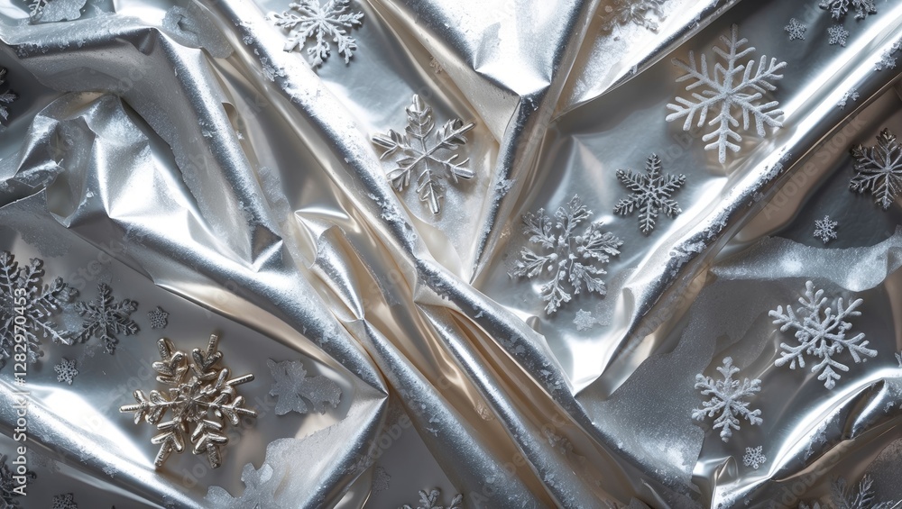 Aufkleber metallic silver wrapping paper with white snowflake patterns arranged in a crumpled texture backgrou