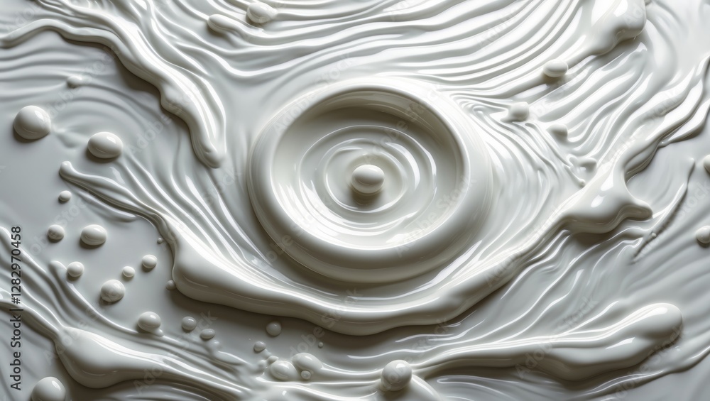 Poster white liquid texture with ripples and droplets creating a dynamic flowing pattern on a smooth surfac