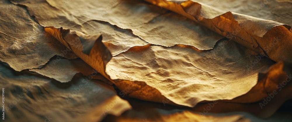 Poster textured old parchment paper with rugged folds and warm lighting creating shadows and highlights in 