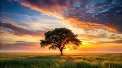 Fototapeta premium A lone tree stands tall amidst a sea of swaying meadow grass, its silhouette cut against the warm hues of a sunset sky