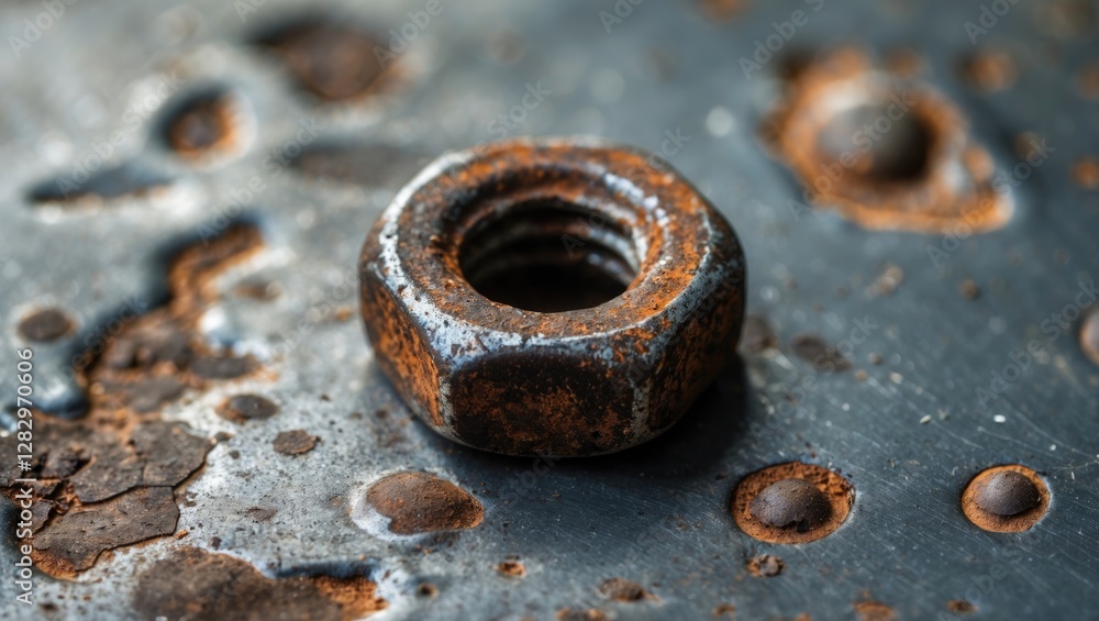 Poster close-up of a rusty metallic nut on a textured surface with corroded metal and visible patina rust s