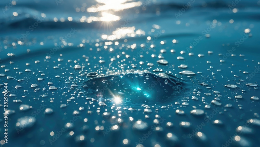 Poster close-up of water droplet on surface with bokeh effect and sunlight reflection creating a shimmering