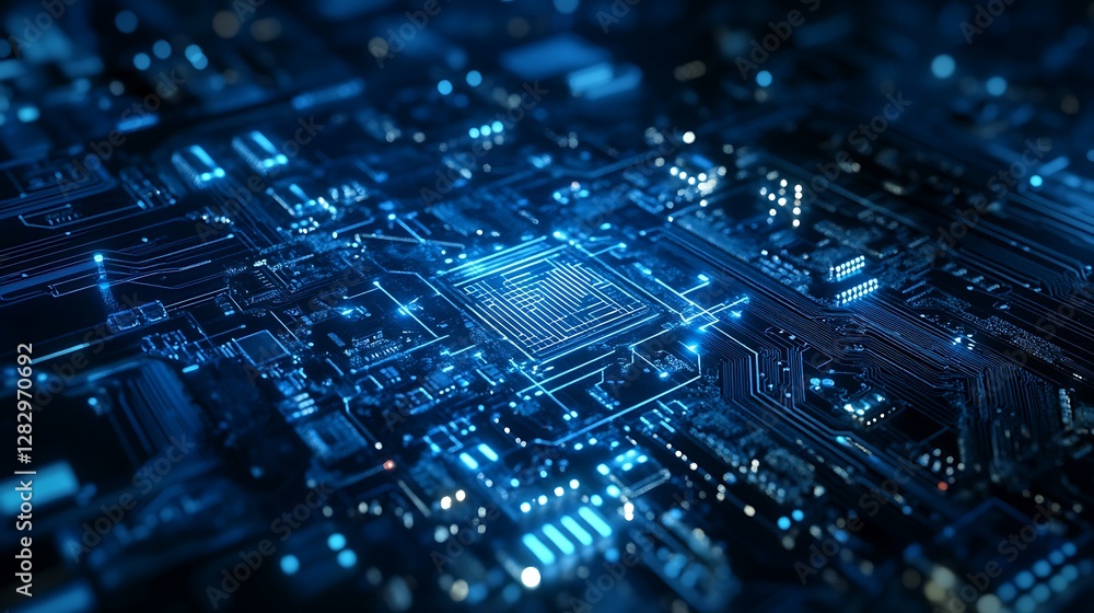 Aufkleber illuminated computer circuit board emitting blue light displaying complex designs