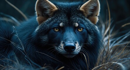 Close-up portrait of a blue-black wolf with striking yellow eyes lying in tall grass in a natural setting