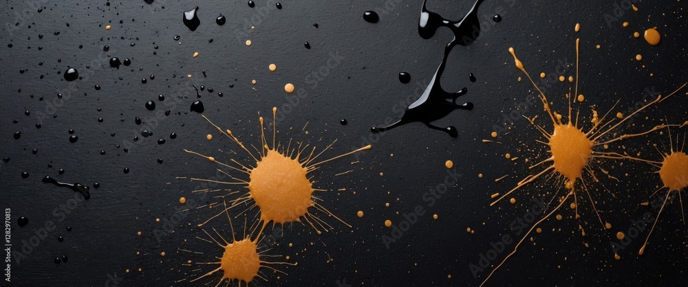 Poster black background with orange and black paint splatters and drips creating an artistic abstract patte