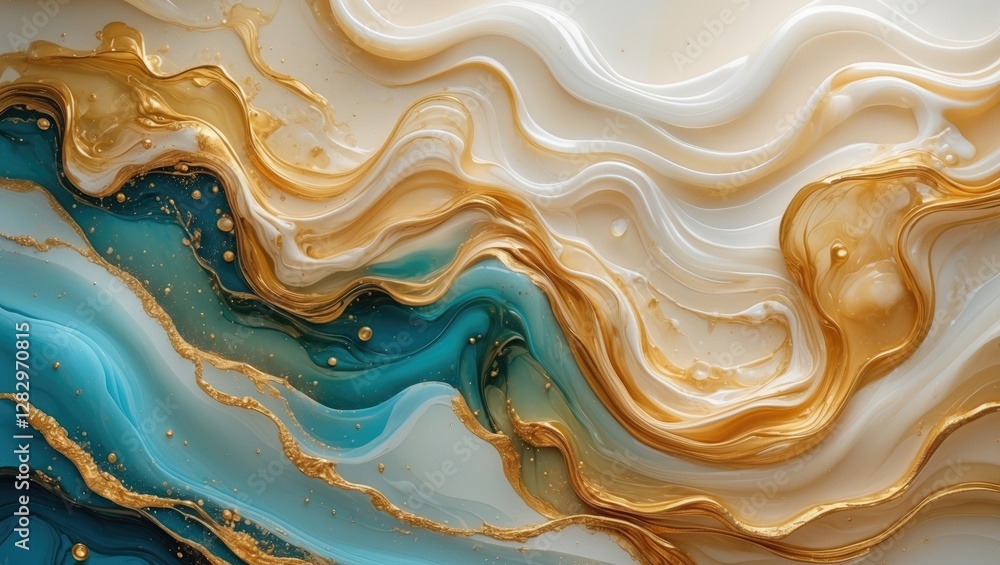 Aufkleber abstract fluid art background with layers of turquoise, white, and gold paint creating wave-like pat