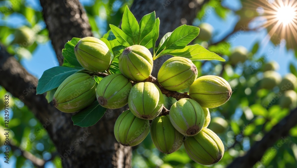 Poster bunch of green nuts growing on tree branch with leaves sunlight filtering through branches in backgr