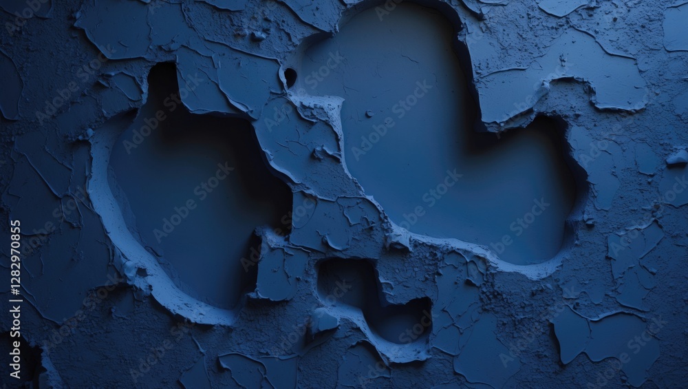 Poster textured blue wall with peeling paint revealing underlying layers, creating an abstract pattern of s