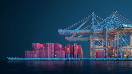 Illuminated Cranes and Cargo Containers at a Port with Blue and Red Tones