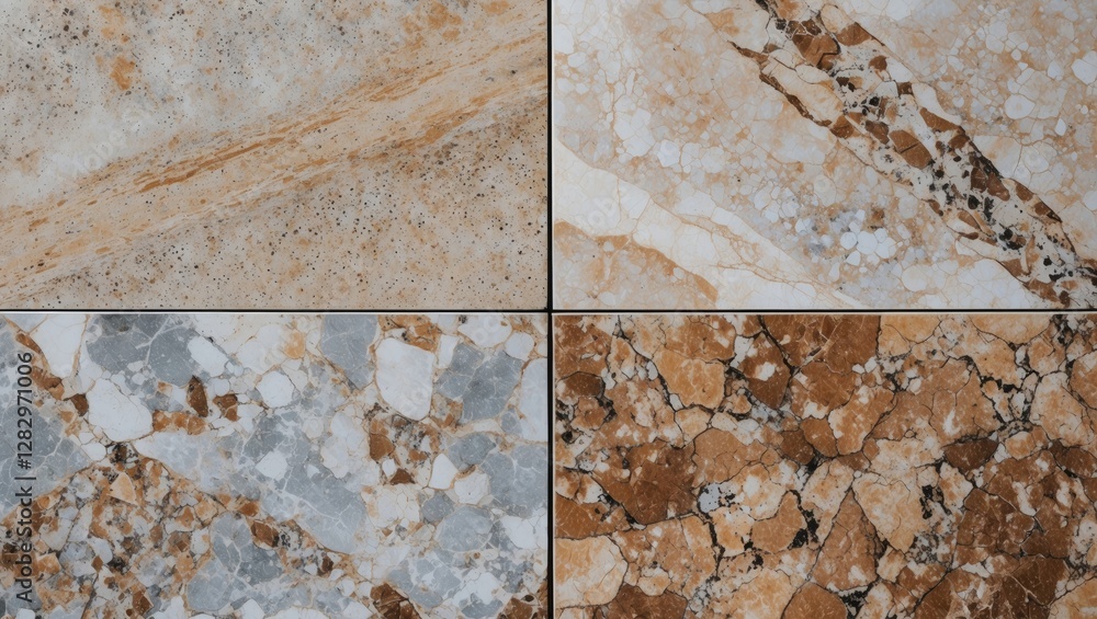 Poster collection of four marble textures showcasing different color patterns and variations in surface des