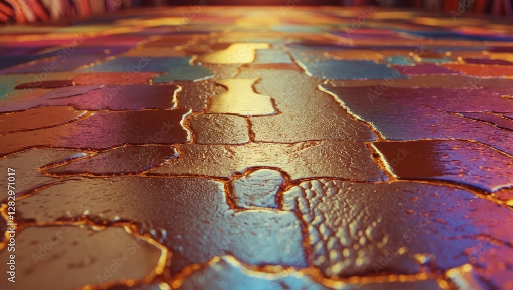 Poster colorful abstract patterned floor with glossy surface and reflections in artistic setting