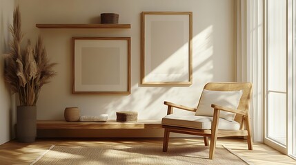 3 empty vertical frames mockup on the wall of an elegant living room with a modern sofa and coffee table