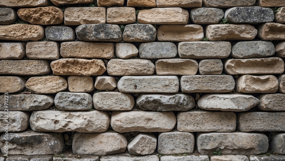 Aufkleber textured stone wall composed of various sizes and colors of masonry bricks arranged in a consistent 