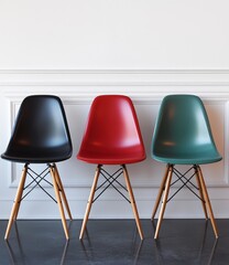 Three colorful plastic chairs with wooden legs against a white wall.