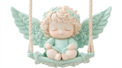 Serene cherubic angel figurine on a swing, pastel green wings and dress, peaceful expression.