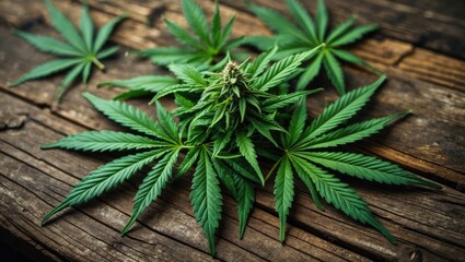 Cannabis sativa plant with detailed green leaves on a rustic wooden surface natural lighting close-up high-resolution image
