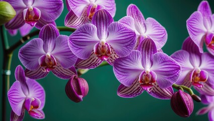 Purple orchid flowers with striped petals and green background natural floral arrangement close up detailed view.