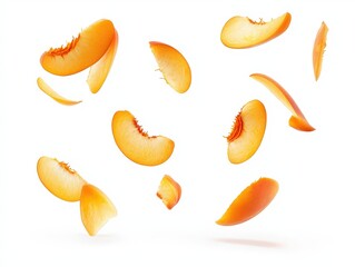 Falling identical peach slices floating in the air isolated on white background