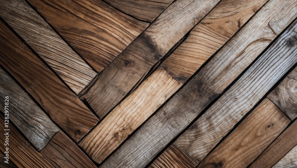 Poster wooden planks arranged in a herringbone pattern with various shades of brown and texture for backgro