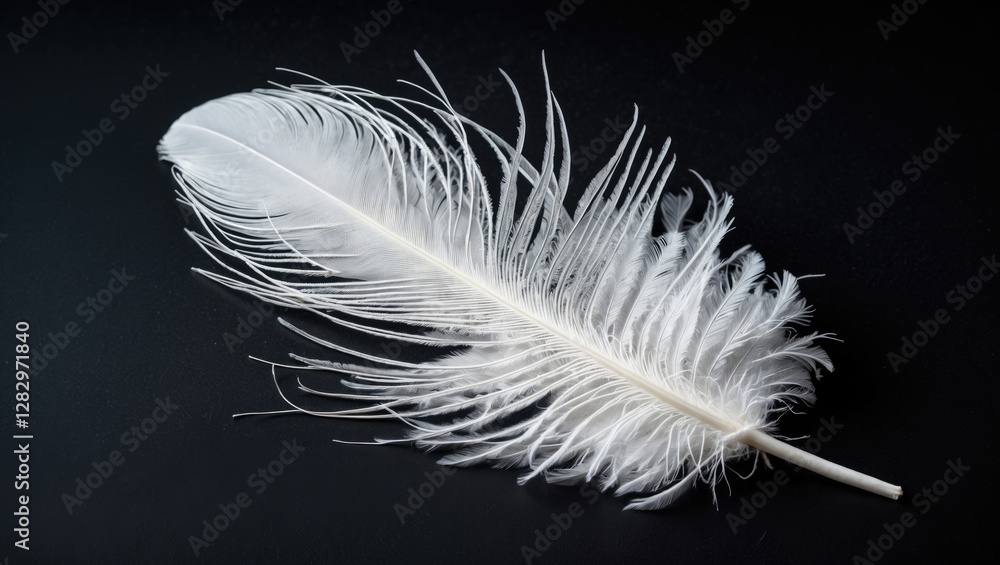 Poster white feather with intricate details placed on a dark surface against a plain background for a minim