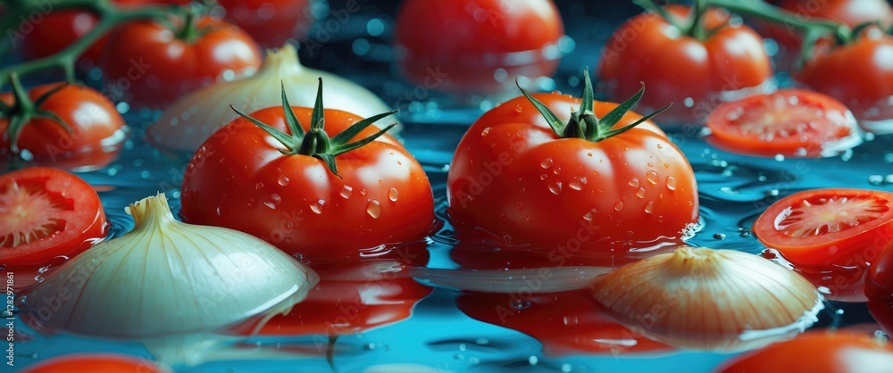 Poster fresh red tomatoes and onions submerged in water with droplets on surface creating a vibrant and col