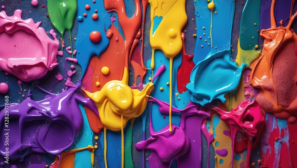 Poster colorful paint splashes and drips on a textured surface in various vibrant hues creating an artistic