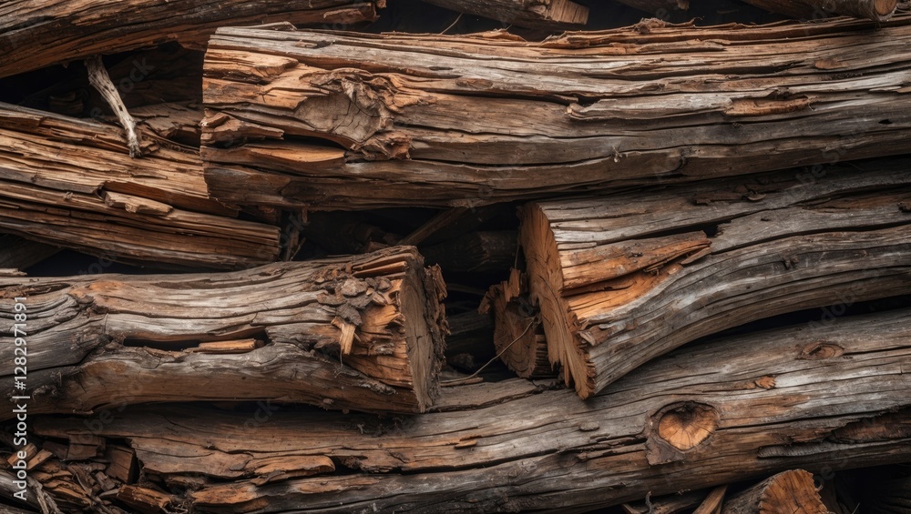 Poster close-up of stacked rustic wooden logs with textured bark and natural color variations in a natural 