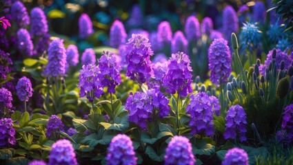 Obraz premium vibrant purple flowers in a lush garden environment showcasing a variety of blooming plants under soft natural light