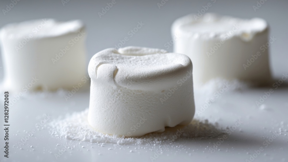 Poster marshmallows arranged on a reflective surface with a dusting of sugar capturing texture and detail i