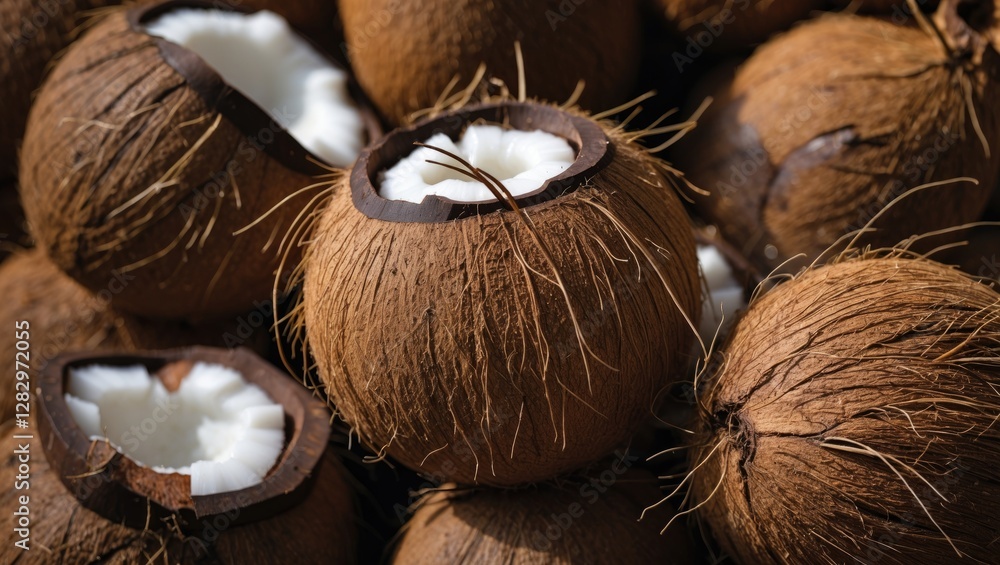 Poster coconuts with exposed white flesh arranged close together showing rough brown shells and fibrous tex