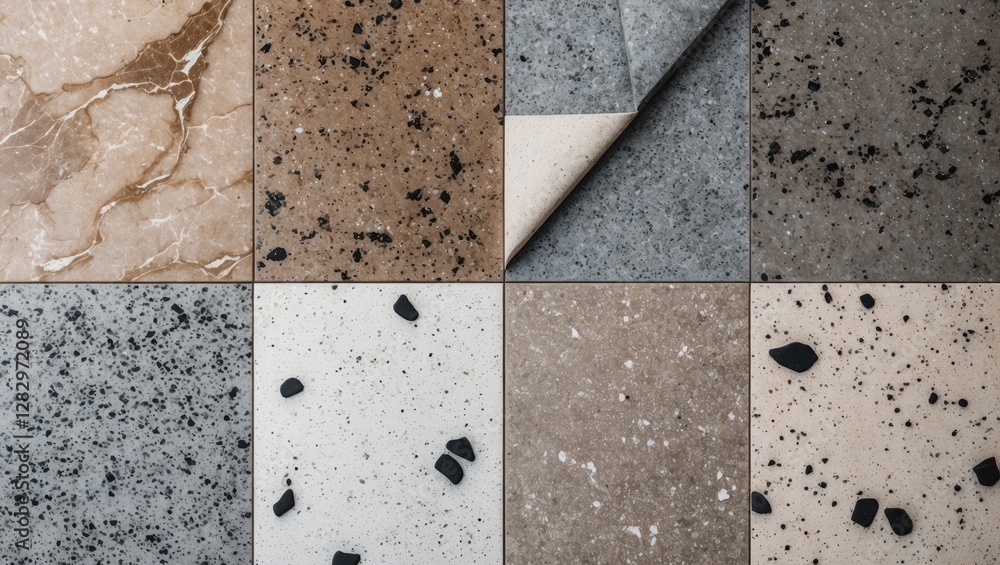 Poster variety of textured stone and terrazzo surfaces in a grid layout showcasing different colors and pat