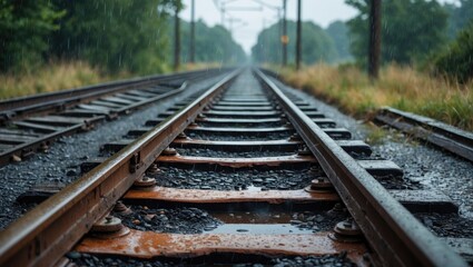 Fototapeta premium Railway tracks perspective with raindrops and wet gravel, surrounded by greenery in a rural setting on a rainy day