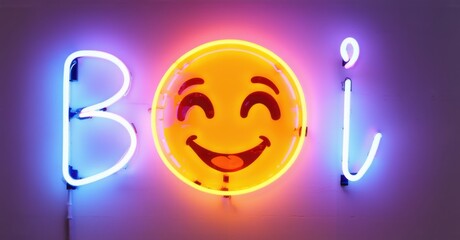 Boi neon sign with glowing blue and pink cursive letters and a bright yellow emoji. The cheerful smiley face radiates warm light, casting colorful reflections on a dark wall