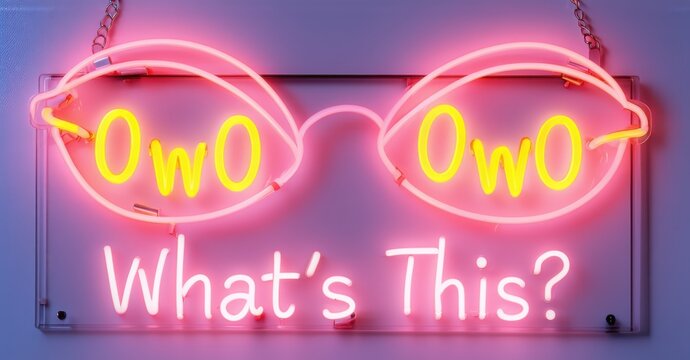 OwO Whats This neon sign with glowing anime-style eyes in pink and yellow, mounted on a transparent panel, creating a playful, expressive, and vibrant illuminated aesthetic