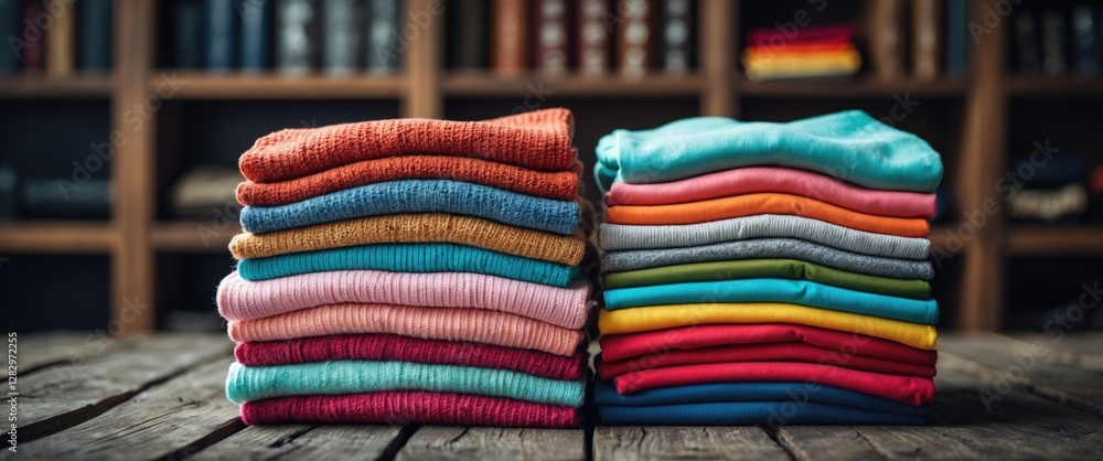 Poster neatly folded colorful cotton clothes stacked on a rustic wooden table with a blurred bookshelf in t