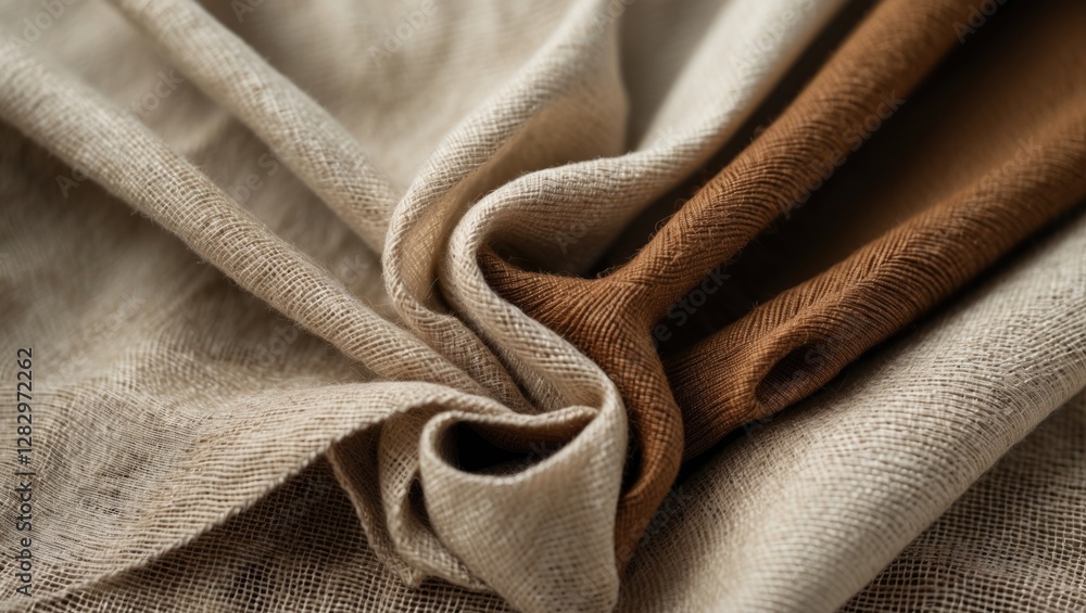 Poster close-up of mixed fabric textures featuring beige and brown linen material arranged in a layered com