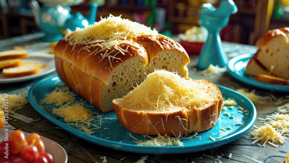 Poster Cheese topped sliced bread loaf on a blue plate with additional slices and grapes on a table setting