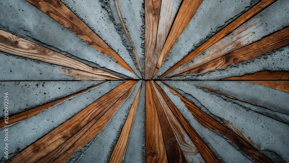 Poster abstract geometric pattern of alternating wooden planks and concrete segments forming a radial desig