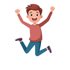 Happy boy jumping up in air. Excited joyful teenager celebrating, flying in air in dynamic energetic emotional pose with fists, arms gesture. Flat vector illustration isolated on white background