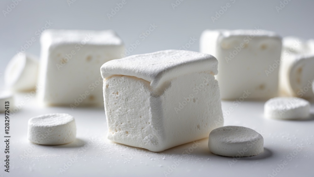Poster white marshmallows arranged on a light surface including square and round shapes demonstrating textu