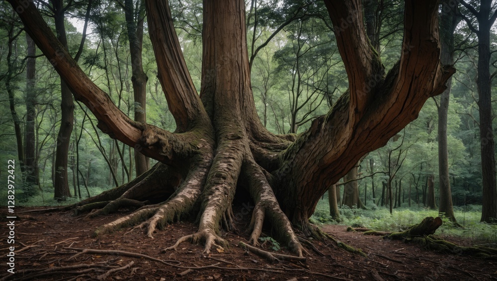 Poster large ancient tree with extensive roots in a dense forest environment surrounded by greenery and nat