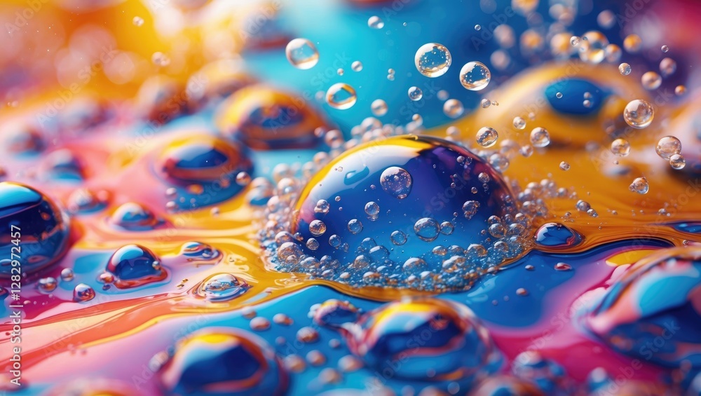 Poster colorful water droplets on a vibrant fluid surface with bubbles and reflections creating a dynamic a