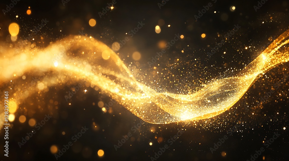Poster golden sparkle particle stream creating a beautiful abstract wavy design