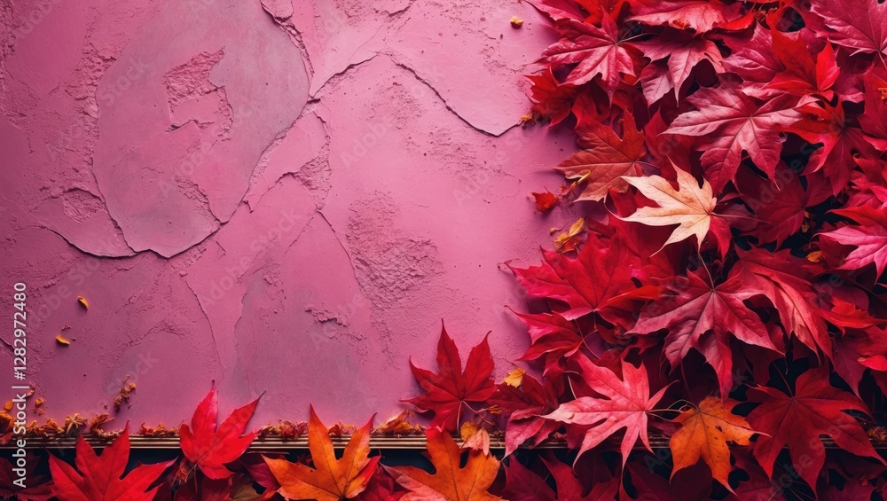 Poster autumn leaves arrangement on textured pink wall background with natural colors and patterns in a dec