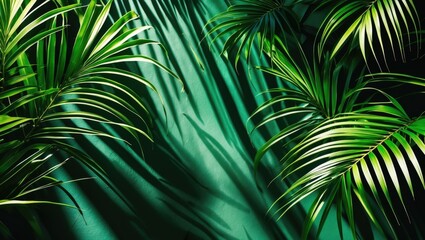 Obraz premium Tropical green palm leaves with contrasting shadows on a textured green background