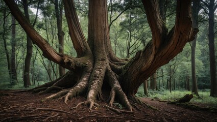 Large ancient tree with extensive roots in a dense forest environment surrounded by greenery and natural light filtering through the leaves.