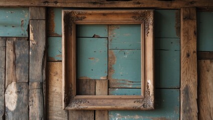 Vintage wooden picture frame on distressed turquoise and brown wooden wall background