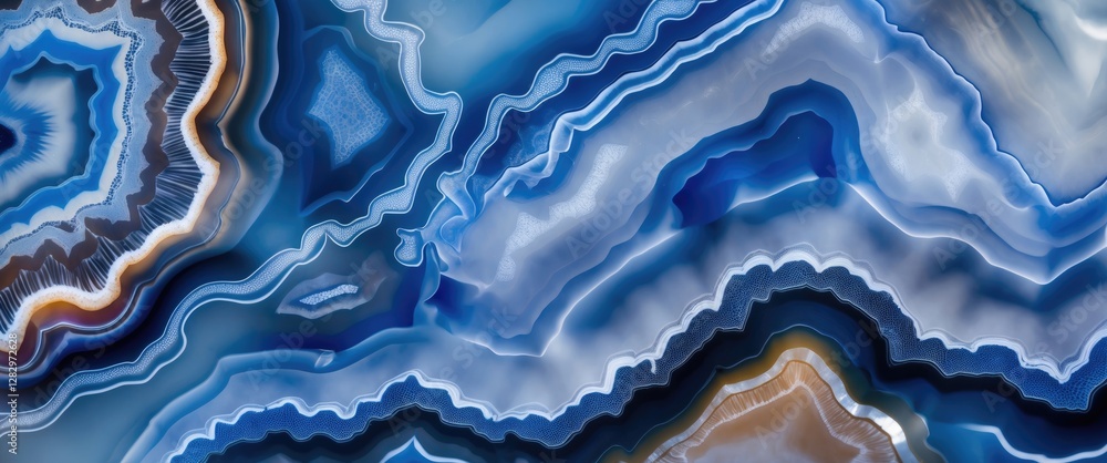 Poster blue agate stone texture with abstract patterns and natural mineral formations in high detail and vi