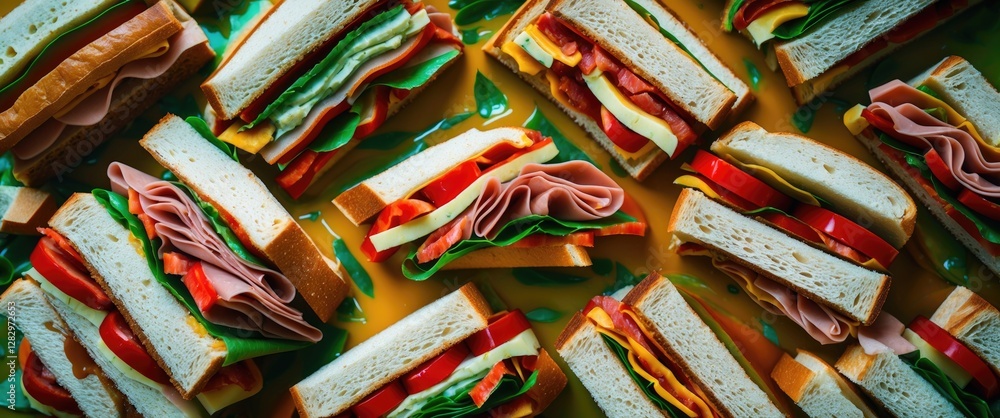 Poster array of assorted sandwiches with lettuce tomato cheese and deli meats on a colorful background top 