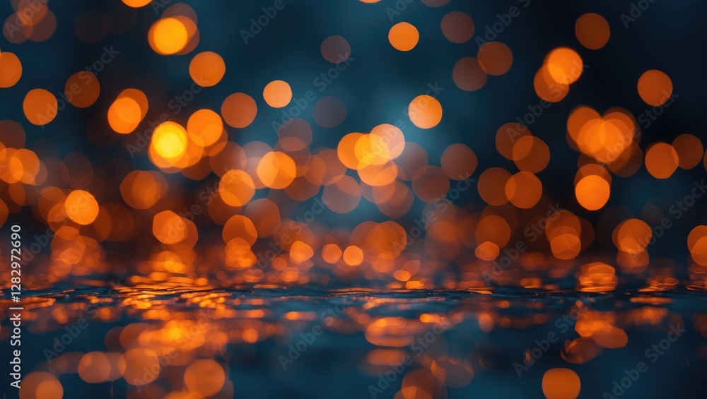 Poster abstract background with orange and blue bokeh lights on a reflective surface creating a dynamic and
